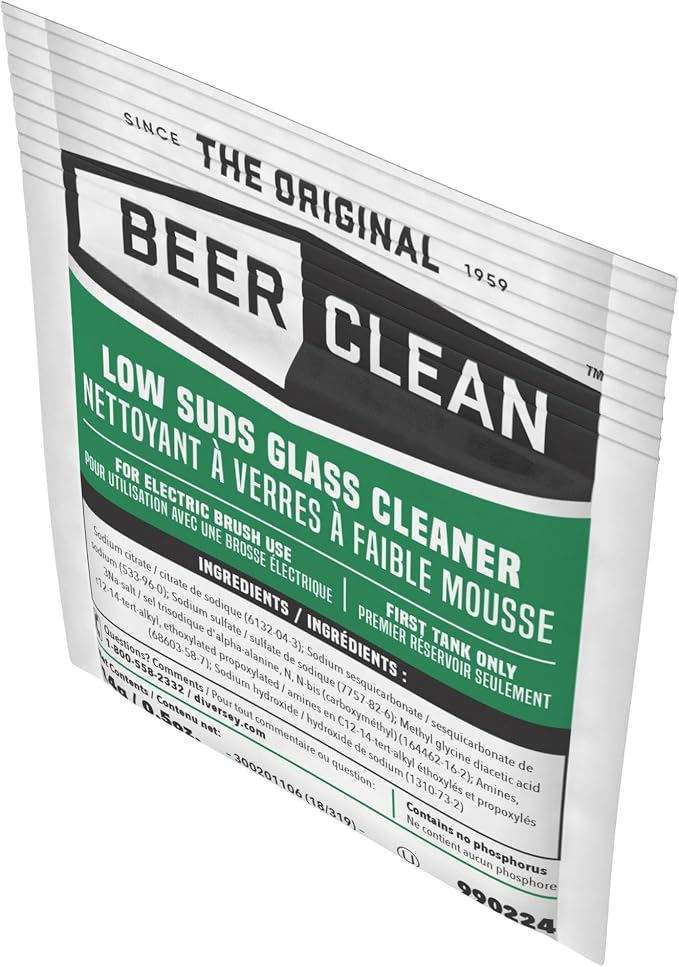 BEER CLEAN Diversey 990224 Low Suds Glass Cleaner for Electric Brushing, Portion Control Bar Glass Washing Powder, Unscented, Packet, 0.5-Ounce (Pack of 100)