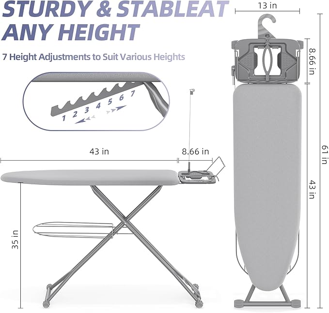 KINGBOARD Ironing Board, Compact Iron Board Full Size with Extra Thick Cover, 7 Adjustable Heights Stand with Hanger and Iron Rest, Large Heavy Duty Ironing Board with Storage Tray, 13x43 Grey
