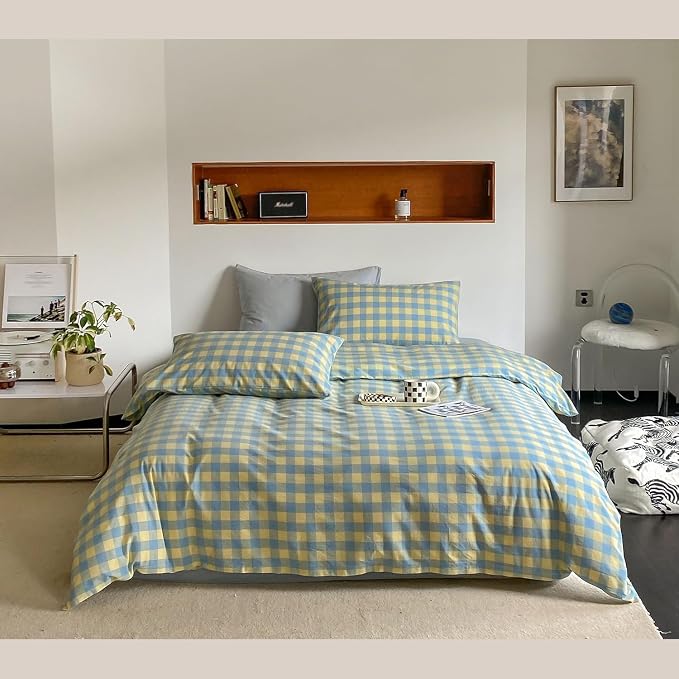 mixinni Yellow Blue Green Checkered Duvet Cover Set - Full Size, 3-Piece 100% Cotton Bedding Set, Soft & Breathable Geometric Plaid Comforter Cover with Zipper for All Seasons
