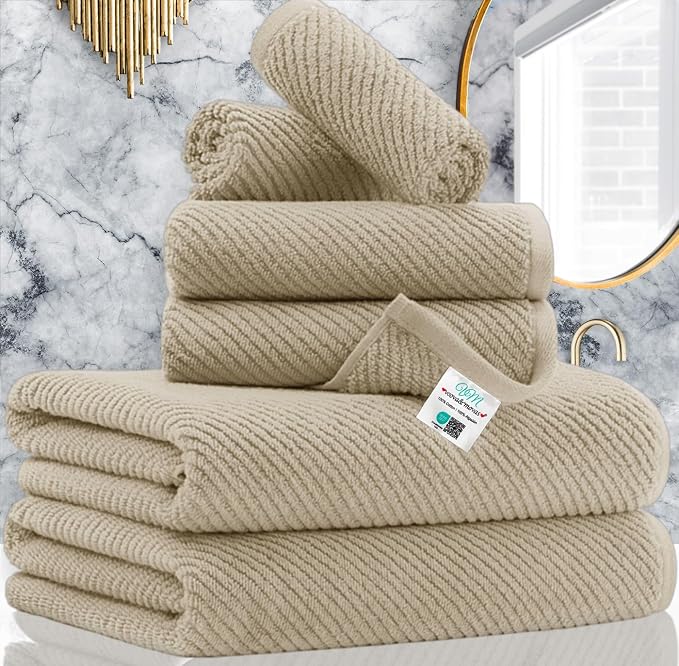 VOOVA & MOVAS 6PC Towel Set, 100% Cotton, Dark Beige | 2 Bath 30x56 In, 2 Hand 18x28 In, 2 Washcloths 13x13 In, Soft, Thick, Quick Dry, Luxury Towel Gift Set