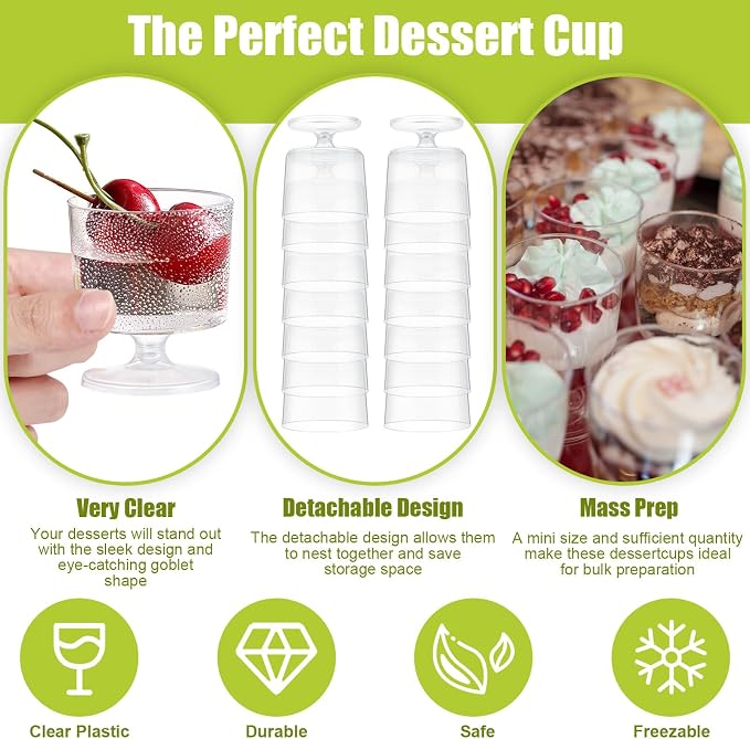 200 Pcs 2 oz Mini Dessert Cups with 200 Pcs Spoons Clear Plastic Mousse Cups Footed Trifle Bowl with Pedestal Fruit Parfait Appetizer Wine Glasses for Serving Party Wedding Birthday