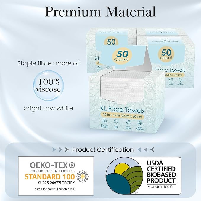 Fygrip 4 Pack of 50 count XL Disposable Face Towels 10” x 12”, 100% Viscose Fibre, Soft & Skin Friendly Face Towelettes Disposable, Facial Tissue Wipes for Women Cleansing