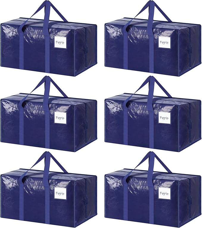 6 Pack Extra Heavy Duty Large Moving Bags with Strong Zipper, Dark Blue | Comfortable Handles, Sturdy & Durable Clothes Storage Bags Totes Bins, Blue Packing Moving Boxes for College Supplies