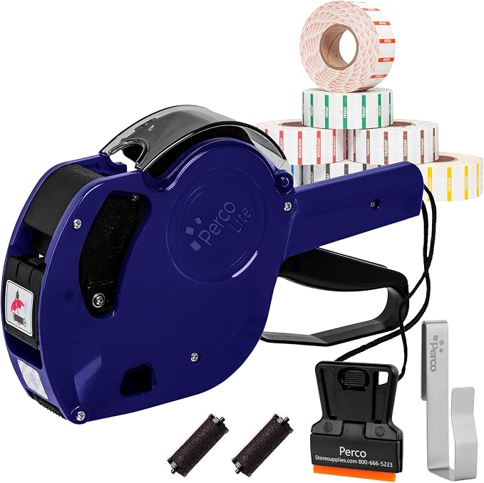 Perco Lite 1 Line Date Gun with Day of Week Labels Kit for Retail Business - Includes 1 Sleeve (7 Rolls), 1 Scraper - Preloaded Labeler Gun w 2 Ink Rollers & 1 Gun Clip