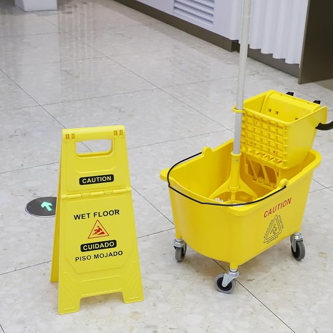 Midoneat Side Press Wringer Combo Commercial Mop Bucket on Wheels, 35 Quart,Yellow, Including Wet Floor Caution Sign（24Inch） and One Industrail Mop