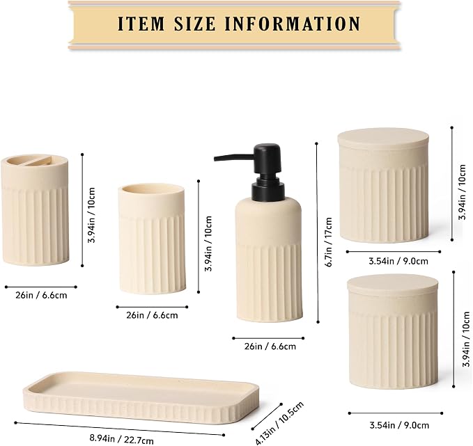 INIUNIK Bathroom Accessory Set - 6 Pieces Bathroom Accessories Set Complete with Soap Dispenser, Toothbrush Holders, Tumbler, Vanity Tray and 2 Qtip Holder for Home Organizer and Decor, Beige