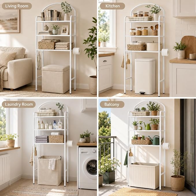 Over The Toilet Storage Rack - 3 Tier Bathroom Organizer with 4 Hooks & Paper Holder - Space Saving Metal Shelf for Bathroom - White Toilet Storage