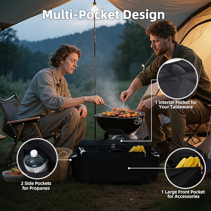 Grill Carry Bag for Cuisinart CGG-306 Tabletop Grill with Pockets, Bag Only | Fully Lined with PE Foam, Rip-Proof Fabric, Adjustable Strap, Weather-Resistant, Portable BBQ Accessories Carrying Case