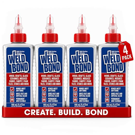 Weldbond Multi-Surface, Non-Toxic Glue, Bonds Most Anything! Use as Wood Glue or for Glass Crafts Ceramic Tile Mosaic Porcelain Stone Fabric Carpet & More. 4-Pack of 5.4oz /160ml | Non Toxic Glue Dries Crystal Clear Heavy Duty Adhesive Glue for Craft,...