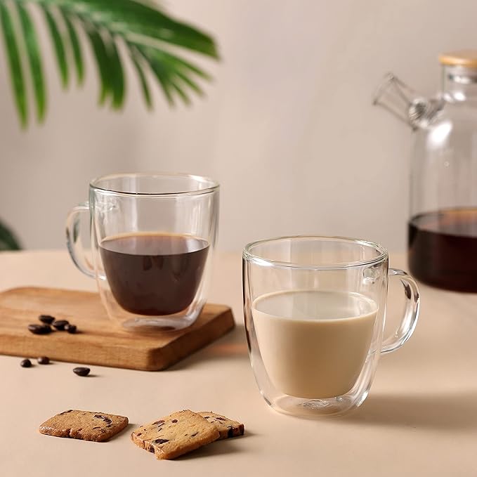 CNGLASS Glass Coffee Mugs 12oz,Double Walled Insulated Cappuccino Mug with Handle,Clear Espresso Cups for Cappuccino,Latte,Tea Bags,Hot and Cold Beverages,Set of 4