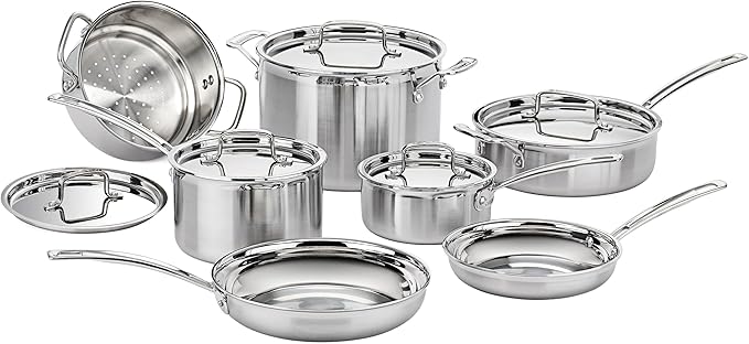 Cuisinart Stainless Steel Pots and Pans Set, Induction Compatible, 12 pc | 12-pc Cuisinart stainless steel cookware set with saucepans, sauté pan, stockpot, & skillets, oven safe to 500°F, MCPS-12N