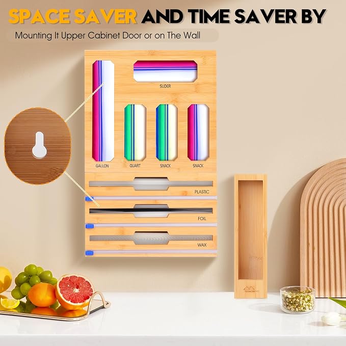 Bamboo Ziplock Bag Organizer for Kitchen Drawer & Wall Mount, Food Storage Baggie Holder, Fits Gallon Quart Sandwich Snack Freezer & Slider Bags, No Assembly, 9 in 1,Natural Color