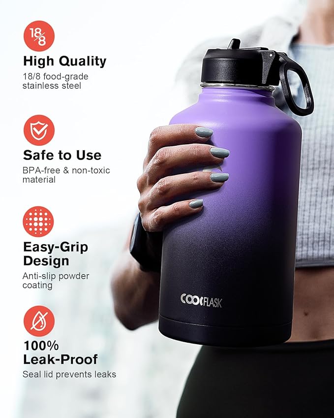 Coolflask Half Gallon Water Bottle Insulated with Straw & 3 Lids, 64 oz Water Jug Large Metal Stainless Steel Wide Mouth for Sports, Gym or Office, Non-BPA Keep Cold 48H Hot 24H, Purple Black