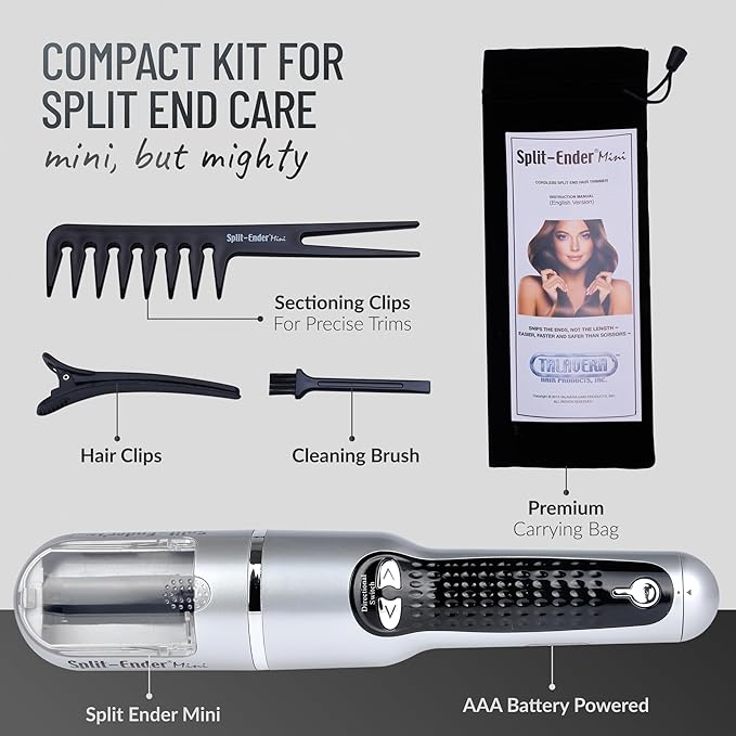 Split-Ender Mini – Original Cordless Split End Hair Trimmer for Dry, Damaged, Brittle, Frizzy, Curly or Straight Hair 3 AAA Battery Operated Hair Clipper for Home Use – Silver