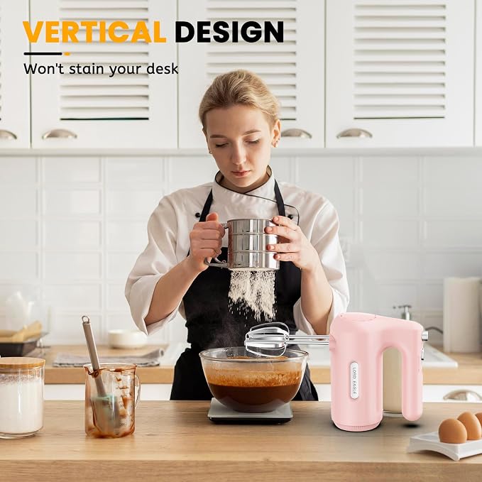 Lord Eagle 5-Speed Hand Mixer Electric, 300W Compact Handheld Mixer, Portable Kitchen Egg Beater with 5 Attachments & Storage Bag, Cake Supplies for Bread Dough Baking, Lightweight, Pink