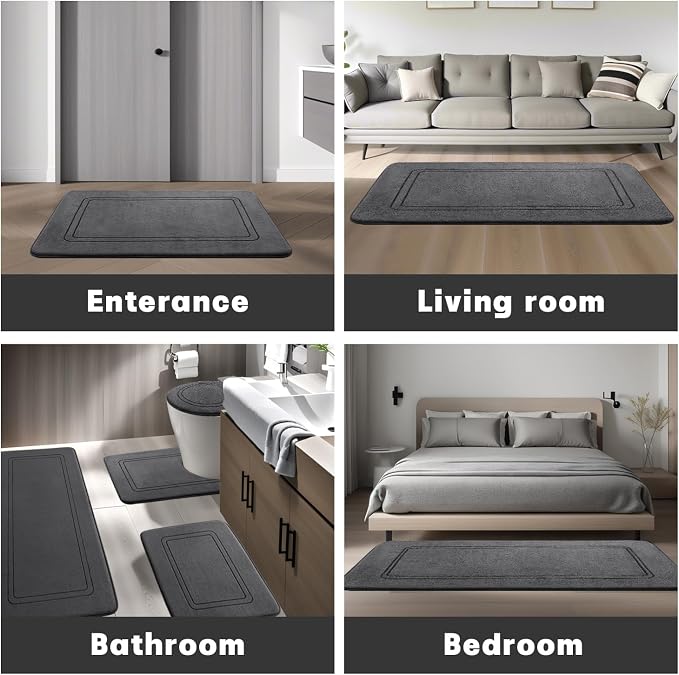 YIHOUSE Dark Grey Memory Foam Bathroom Rug Set 5 Piece,Ultra Absorbent, Non Slip Bath Mats，Washable Dry Quickly Bath Rug Set for Bathroom Floor, Dark Grey Bath Mat Set 5 Piece