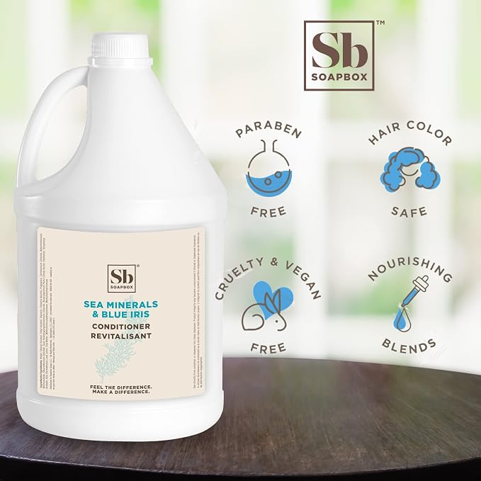 Soapbox Sea Minerals & Blue Iris Conditioner, Refill Bulk Size For Rentals, Guest Rooms & Hotels - Clean Ingredients Free of Harsh Chemicals, Sulfates, Parabens & Silicones - 1 Gallon Bottle
