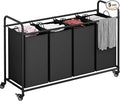 4 Section Laundry Hamper, Black Rolling Laundry Basket, 180L Laundry Sorter | Laundry Room Organization with Heavy Duty Rolling Lockable Wheels and Removable Bag, Bedroom Laundry Cart for Clothes Storage