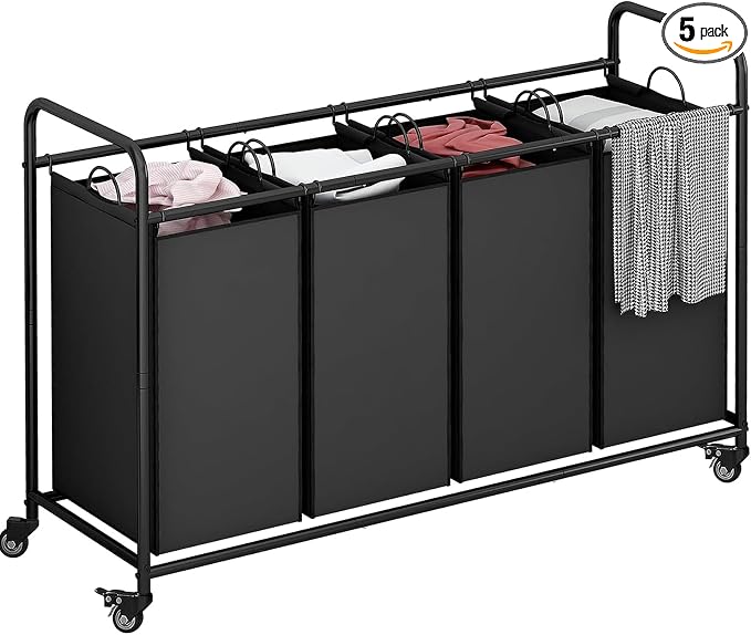 4 Section Laundry Hamper, Black Rolling Laundry Basket, 180L Laundry Sorter | Laundry Room Organization with Heavy Duty Rolling Lockable Wheels and Removable Bag, Bedroom Laundry Cart for Clothes Storage
