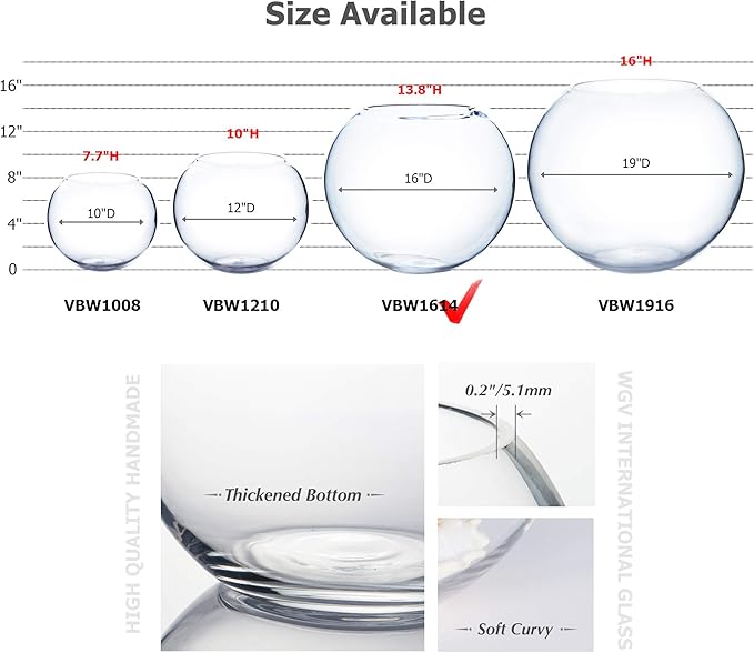WGV Large Bowl Glass Vase, Diameter, Height, (Multiple Sizes Choices) Clear Huge Round Bubble Vase Jar, Floral Planter Terrarium for Wedding Event Home Decor (15.8" D)