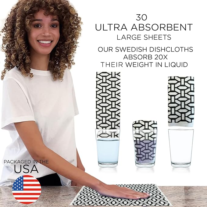 LOLA Swedish Dishcloths XL on a Roll, 30 Sheets, Geometric Pattern, Perforated 11" x 10" Sheets w/Hook, Reusable Absorbent Unpaper Towels Cellulose Sponge Cloth Biodegradable Made in Germany