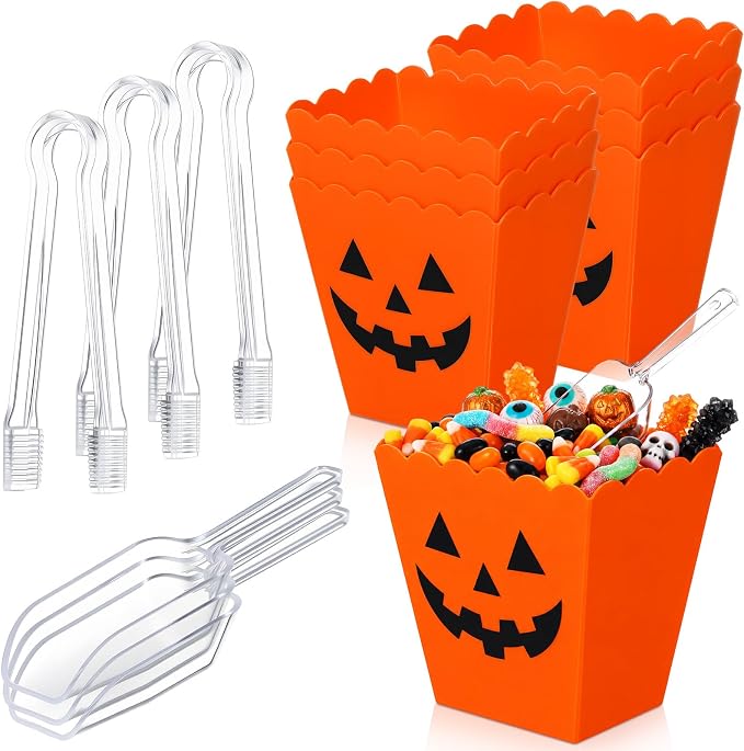 61 oz 6 Halloween Candy Bar Containers with 3 Tongs and 3 Scoops | Candy Bar Supplies, Reusable Plastic Spooky Pumpkin Serving Bowl, Candy Buffet Station Party Supplies, Dessert Snack Box