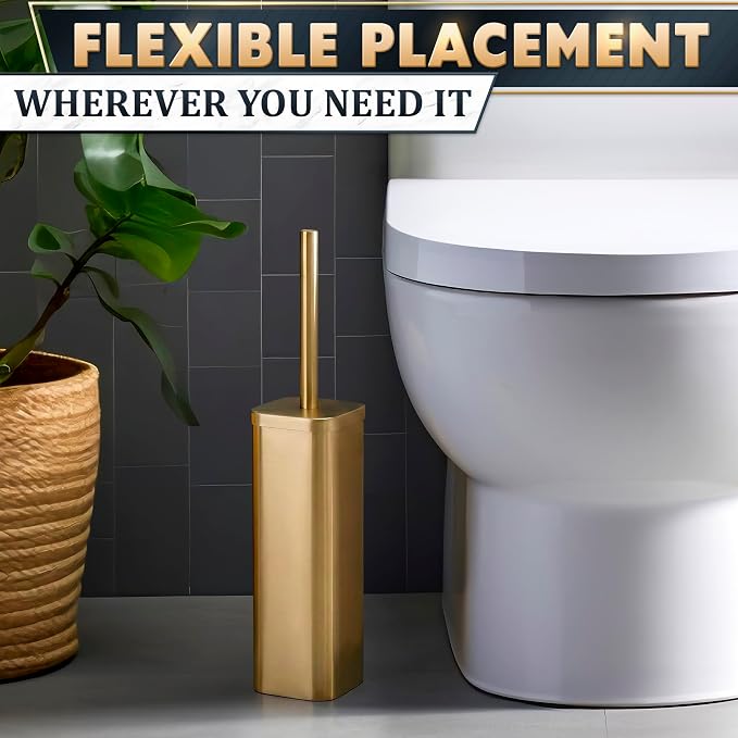 Gold Toilet Brush with Square Holder - Toilet Brush and Holder Set Gold, Stainless Steel Handle with Splash Shield, Replaceable Head and Removable Inner Cup - Freestanding Bathroom Toilet Cleaning Set