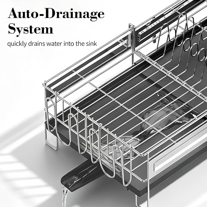 Delamu Large Dish Drying Rack, Stainless Steel Dish Racks for Kitchen Counter, Multifunctional Dish Drainer with Cutlery & Cup Holders, Extendable from 13.4 to 28.7 in, Black