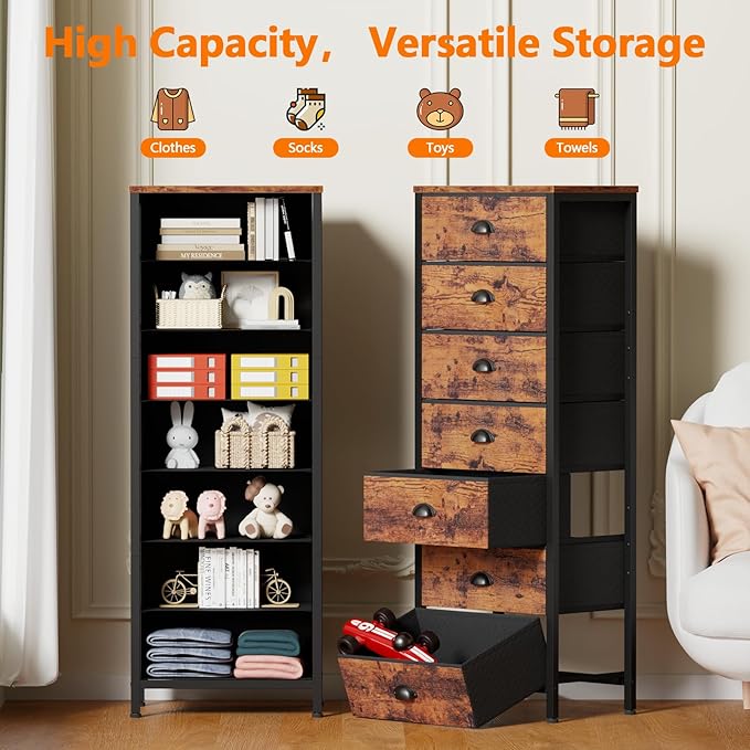 Furnulem Dresser for Bedroom, 7 Drawers Tall Chest of Drawers | Rustic Brown Storage Organizer, Fabric Bins, Metal Frame, Wood Desktop, Dorm Vertical Closet,Bedside Furniture in Living Room