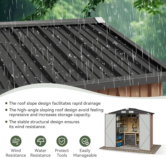 Aoxun 6'x4' Outdoor Storage Shed with Base, Brown | Metal Shed with Lockable Doors & Slooping Roof Garden Tool Shed for Backyard, Patio, Poolside