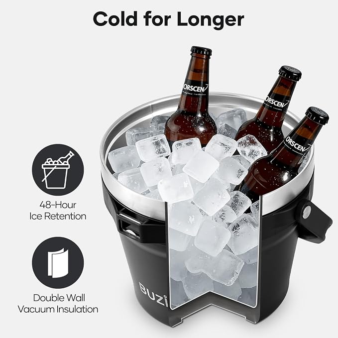 BUZIO 7.4 Qt/7 L Large Insulated Ice Bucket with Lid and Scoop & Tongs | Double Wall Vacuum Stainless Steel Beer Bucket, Holds 6 Longnecks or 3 Wine Bottles, for Parties, Cocktail Bar, Camping