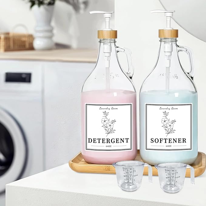 2 Pcs Glass Laundry Detergent Dispenser Bottle, Liquid Laundry Soap Dispenser for Laundry Room, 64oz Detergent Bleach Softener Dispenser for Farmhouse Decor, Includes Bamboo Pumps Tray Funnel Labels