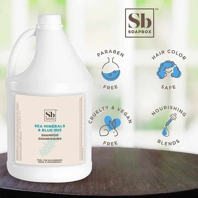 Soapbox Sea Minerals & Blue Iris Shampoo, Refill Bulk Size For Rentals, Guest Rooms & Hotels - Clean Ingredients Free of Harsh Chemicals, Sulfates, Parabens & Silicones - 1 Gallon Bottle