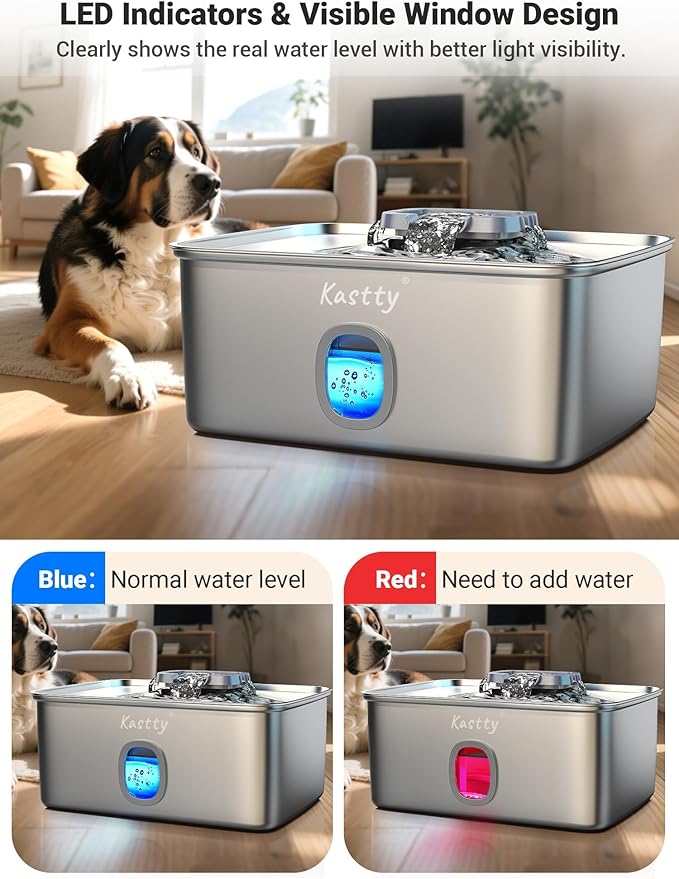Kastty 4 Gal/15L Stainless Steel Dog Water Fountain for Large Dogs | Dog Water Bowl Dispenser Triple Filtration,Ultra Quiet Automatic Pet Water Fountain with Water Level Window&LED Light(FS76)
