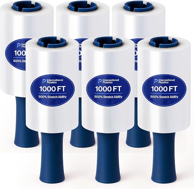 International Plastics Co. 6 Pack of 5" Plastic Stretch Film Wrap with Rotating Handles 1000 feet Each 500% Stretch Ability