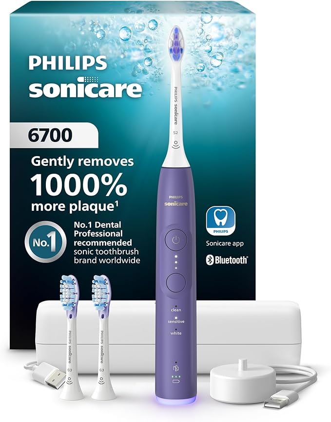 Philips Sonicare 6700 Series Electric Toothbrush, Pressure Sensor, 9 Brushing Settings, SmarTimer, BrushPacer, 21-Day Runtime, Travel Case, for Gum Health & Sensitive Teeth, Purple, HX7417/04