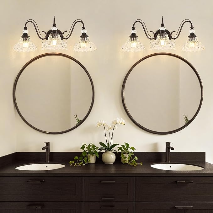 Vintage Bathroom Vanity Light, 3-Light Oil Rubbed Bronze Finish Wall Sconce with Hanging Crystal Accents and Flower-Shaped Clear Glass Shades, Retro Wall Mount Vanity Light Over Mirror for Bathroom