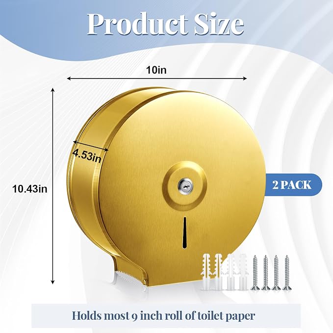 Mifoci 2 Pcs Industrial Toilet Paper Holder Commercial Roll Dispenser Wall Mount Stainless Steel Jumbo Tissue Dispenser Fits 9" Roll Toilet Paper for Office Home Public Places (Gold)