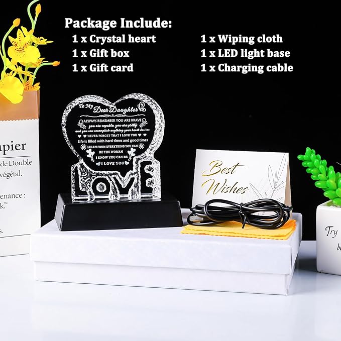YWHL Daughter Gifts from Mom Dad with Colorful Light Base Birthday Gifts for Daughter Adult Crystal Heart Keepsake Meaningful Present for Daughters on Christmas Valentines Graduation