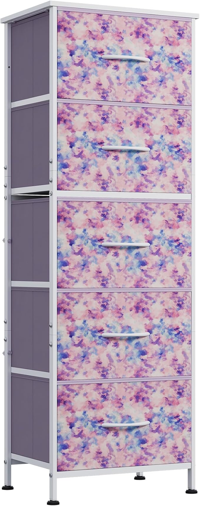 WLIVE Fabric Dresser, 5-Drawer Tall Dressers for Bedroom, Storage Dresser Organizer with Fabric Bins, Wood Top, Sturdy Steel Frame, Chest of Drawers for Closet, Tie-dye Print (Pink, Purple, Blue)