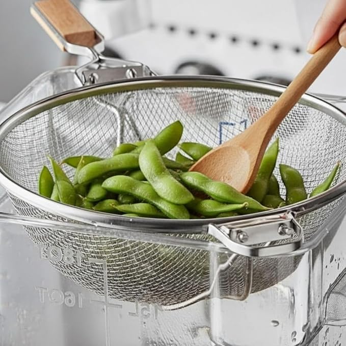 Soro Essentials- 12" Double Tinned Coarse Mesh Strainer with Reinforced Bands Pan Hook Wooden Handle- Food Sieve Strainer Kitchen Mesh Strainer Utensil for Cooking Rice Quinoa Pasta Fruits Vegetable