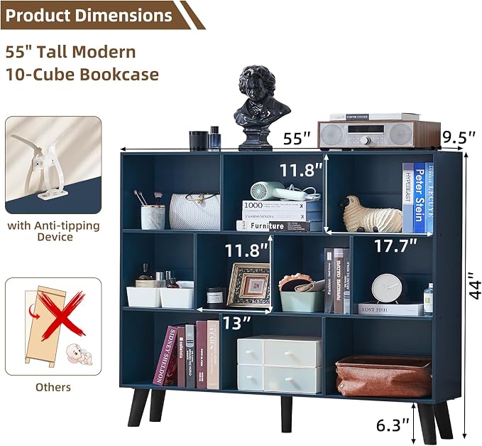 LEYAOYAO 10 Cube Bookshelf,Mid-Century Modern Bookcase with Legs,Dark Blue | 3 Tier Book Shelf, 55" Wide Rustic Wood Bookshelves Large Storage Organizer, Open Shelves for Bedroom, Living Room, Office