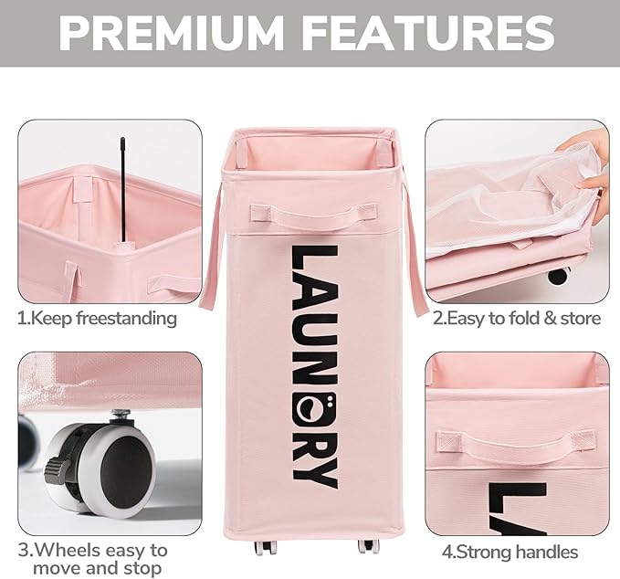 Goodpick Pink Laundry Baskets with Wheels 2-Pack, 75L Rolling Laundry Basket with Removable Wash Bags, Large Laundry Hamper for Corner Dorm, Collapsible Laundry Basket on Wheels