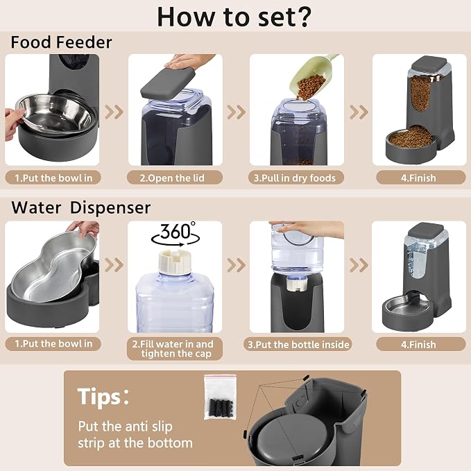 2 Pack Automatic Cat Feeder and Gravity Stainless Steel Water Dispenser, Dog Food Feeder and Waterer Set for Small Medium Puppy Kitten Pets (1 Gallon x 2, Gray)