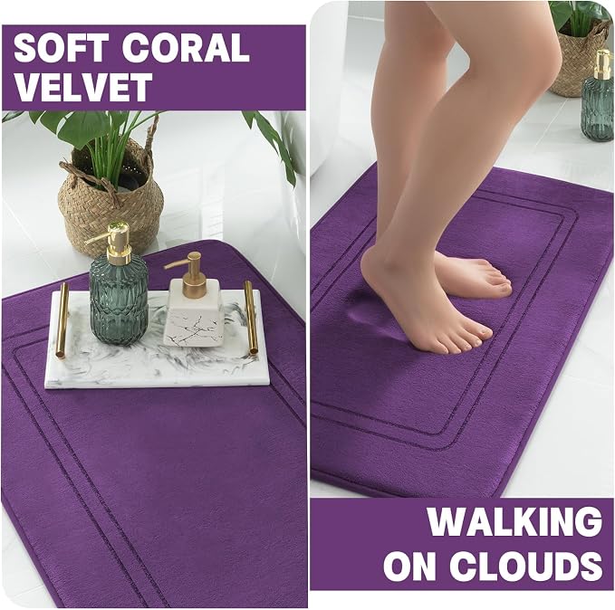YIHOUSE Memory Foam Bath Mat Set, Bathroom Rugs Sets 3 Pieces, Non Slip Bath Mats for Bathroom, Super Soft and Water Absorbent Bath Rug Set, Machine Washable U Shape Toilet Rug,Purple