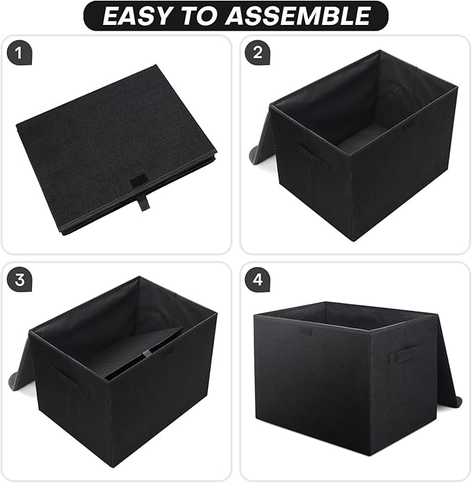 Bagnizer Large 22 Quart Linen Fabric Foldable Storage Bin Cube Organizer Basket with Flip-Top Lid & Handles, Clothes Blanket Box for Home, Office, Closet, Black, 4 Pack 14.6 x 9.5 x 9.5”