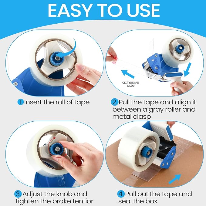 Dunzoom 2 Pack Packing Tape Dispenser Gun with 12 Roll Packing Tape 2 Inch Gun 2.7 Mil Heavy Duty Packaging for Shipping, Moving, Carton and Box Sealing(Blue and White)