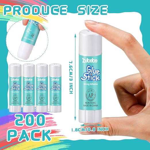 Zubebe 200 Count Glue Stick Bulk, 0.32 oz, 9g, Washable White Glue Stick for Crafts Home Back to School Classroom Students Teachers Employees Scrapbooking Crafting Supplies (Classic)
