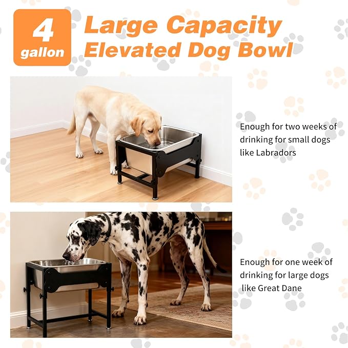 4 Gallon Elevated Dog Water Bowl, 4-Height Stand for Large Dogs | 4 Gallon Stainless Steel Bowl, 4 Heights 9.65-15.16 in, Non-Slip Feet, Indoor Outdoor Use, Easy-Clean Surface, Large Breeds