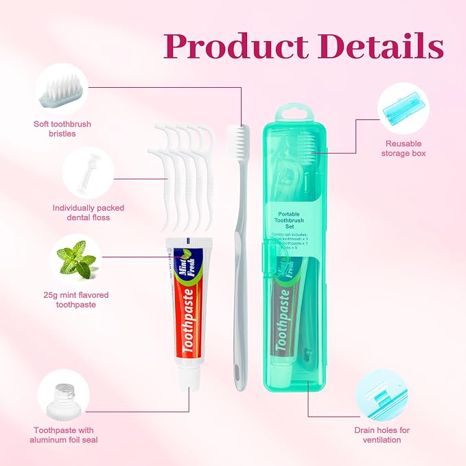 Travel Toothbrush Kit Includes Travel-Sized Toothbrushes, 25g Travel Toothpaste, 5 Floss Picks, a Travel Toothbrush Holder, Ideal for Home, Hotels (Blue, Green, Pink, Black, 20-Pack)